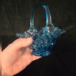 Vintage Blue Pressed Glass Basket Dish